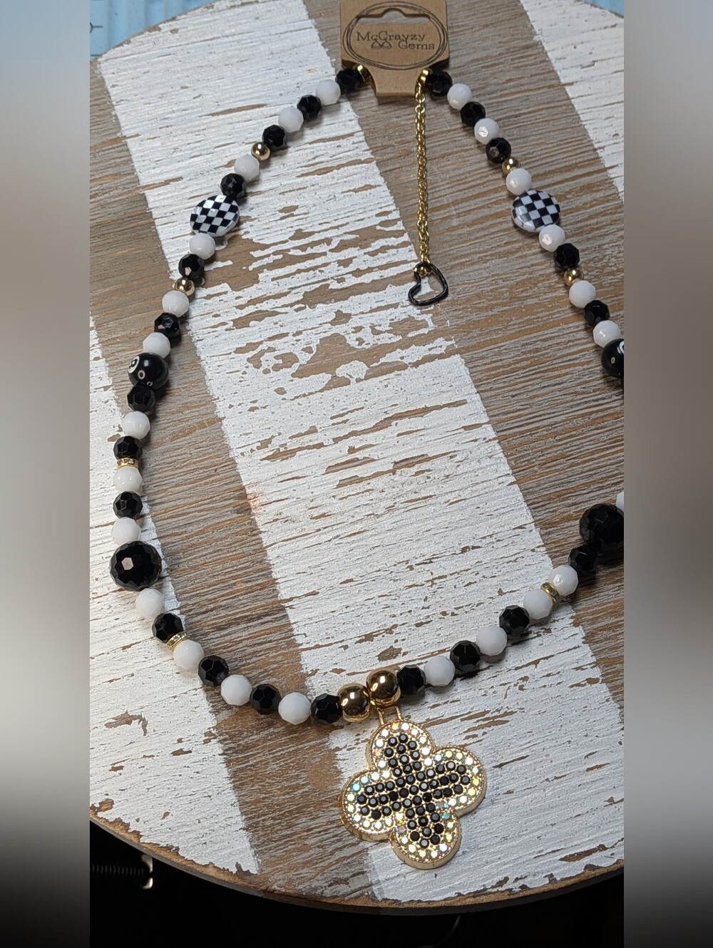 McCrayyy Gems Black & White Beaded Necklace with Gold Clover Pendant